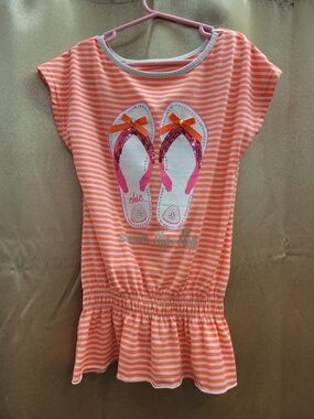 Girls Coral Stripe Flip-Flop Graphic Dress